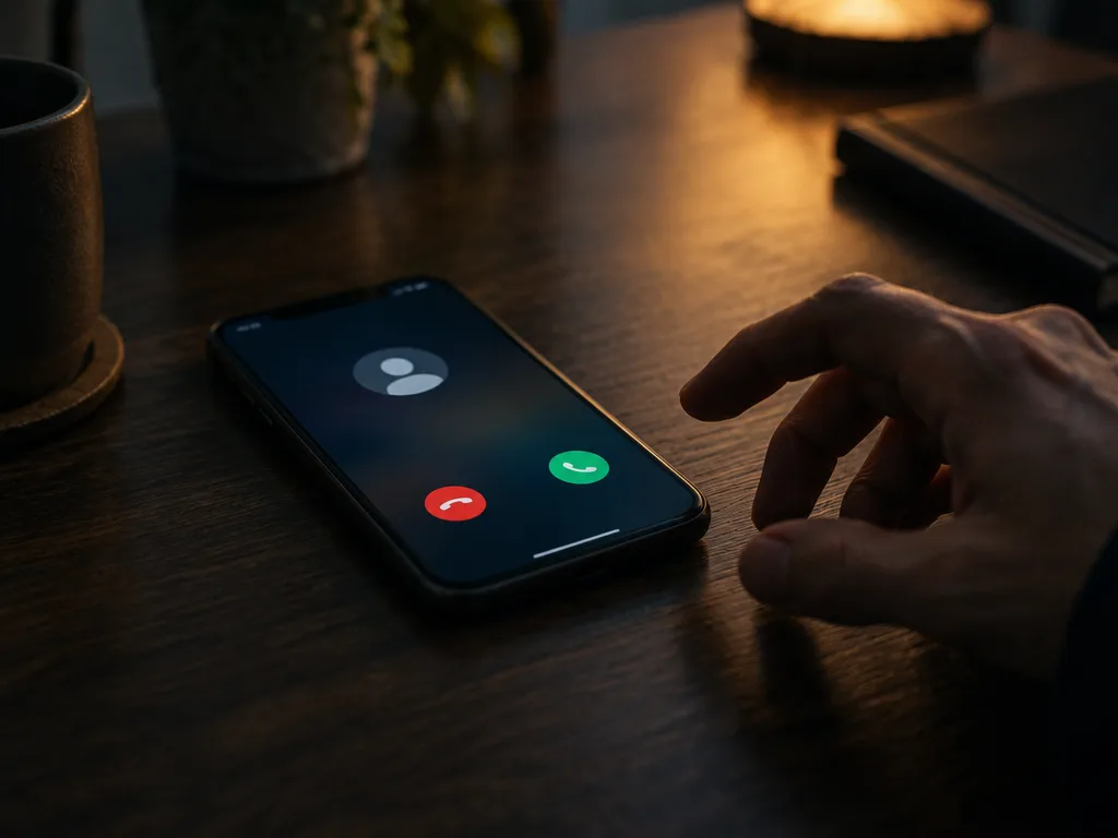 Mobiltelefon på ett mörkt träbord med ett inkommande samtal utan namn eller nummer och en hand som sträcker sig mot den i kvällsljus