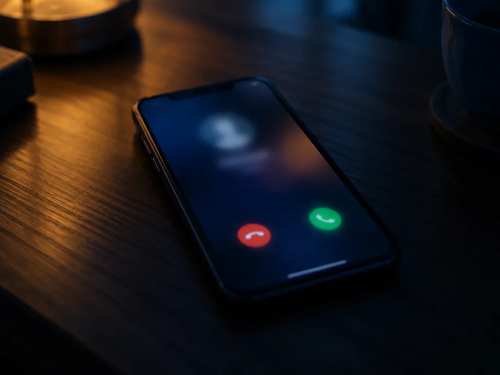 Mobiltelefon på ett mörkt träbord som visar ett inkommande samtal utan namn eller nummer, i dämpat kvällsljus