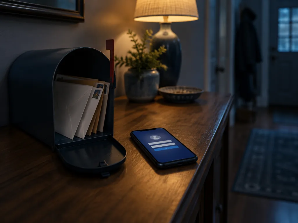 Brevlåda full av kuvert bredvid en mobil med en inloggningsskärm på ett hallbord i kvällsljus