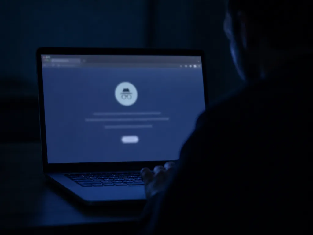 Bärbar dator med ett mörkt, upplyst webbläsarfönster i ett svagt upplyst rum