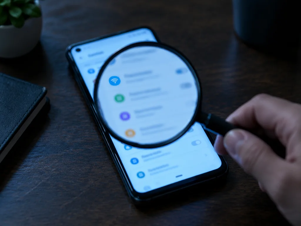 Android-mobil på ett mörkt skrivbord där en hand granskar inställningsmenyn med ett förstoringsglas