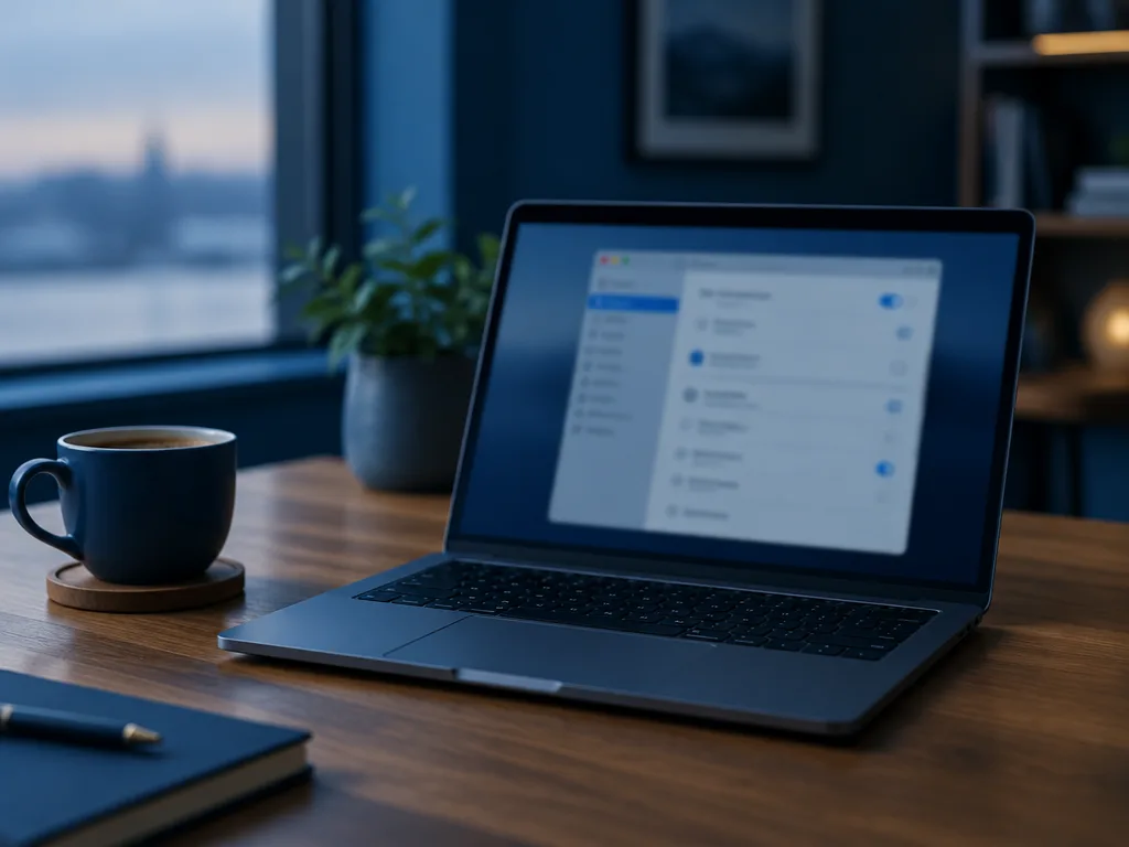Bärbar dator med webbläsarens inställningar öppna på ett skrivbord bredvid en kaffekopp