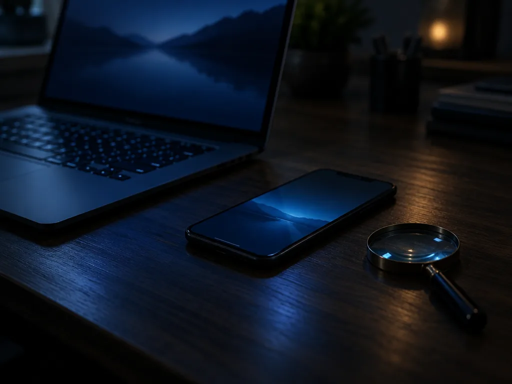 Bärbar dator och mobiltelefon på ett mörkt skrivbord i blått skärmljus, med ett förstoringsglas bredvid