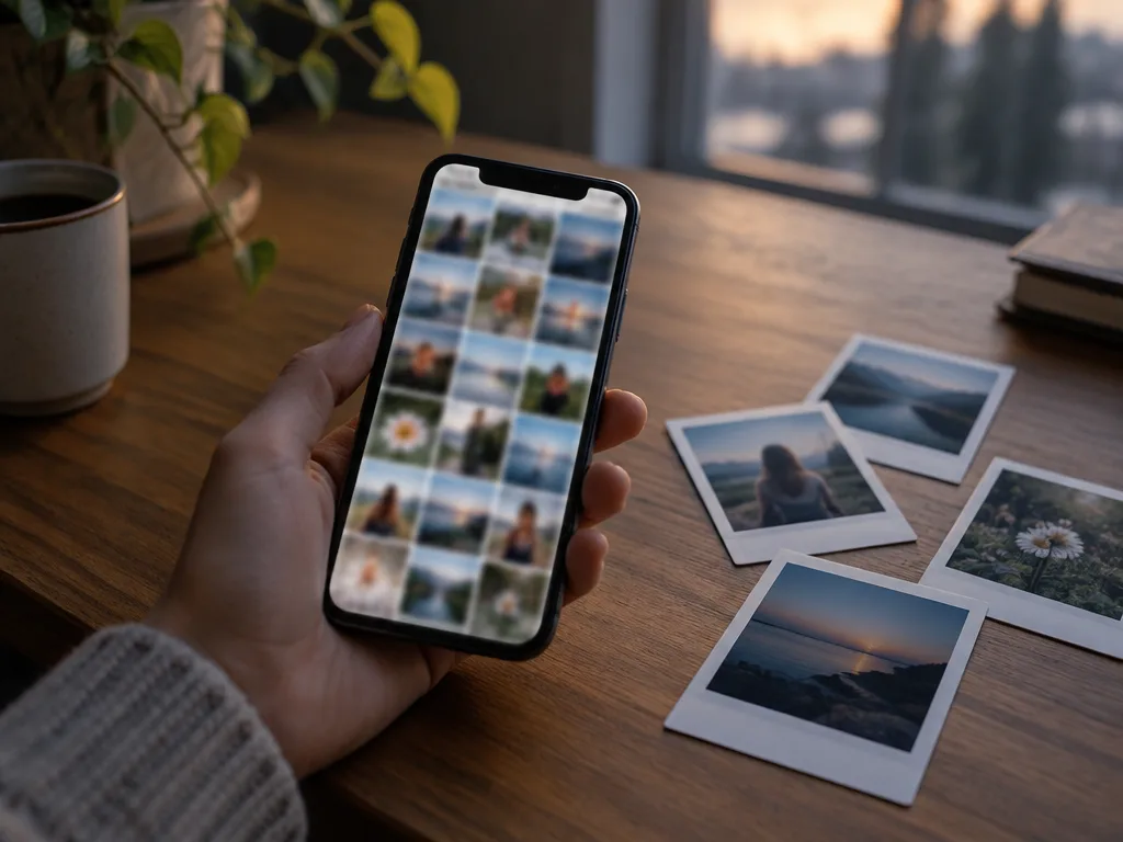 Hand som håller en mobil med ett suddigt bildrutnät på skärmen över ett skrivbord med utspridda polaroidfoton i kvällsljus